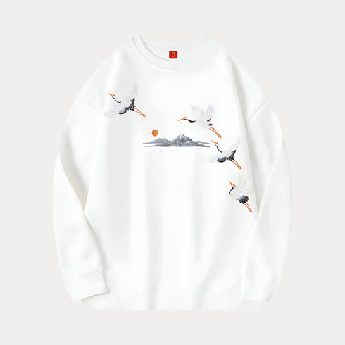 Crane vintage embroidered sweatshirt, white cotton, O-neck, full sleeves, spring autumn wear